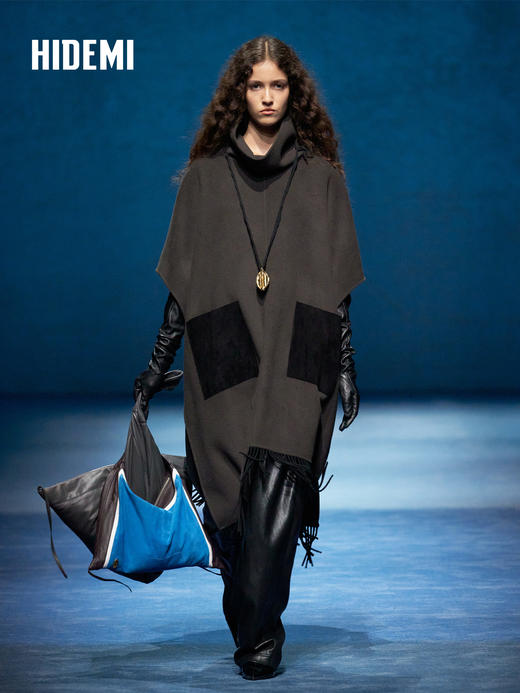 HIDEMI 大秀款进口山羊绒立领麂皮拼接流苏廓形斗篷无袖大衣外套 灰黑色 商品图0