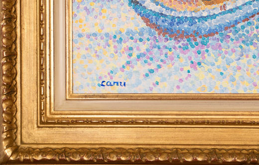 独角鹿西洋古董20世纪法国现代点彩画派名家Yvonne Canu签名创作风景主题布面油画《巴黎塞纳河畔》 商品图3