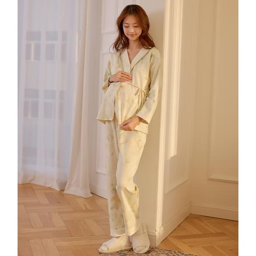 自然醒鸢尾牛奶丝系带月子服（带胸垫）秋冬产后纯棉11 10月份孕妇睡衣春秋季产妇待产哺乳QH 商品图2