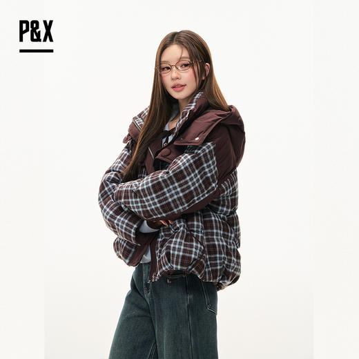 P&X设计师女装2025冬季格子森系连帽短款羽绒服 825424054 咖色 商品图1