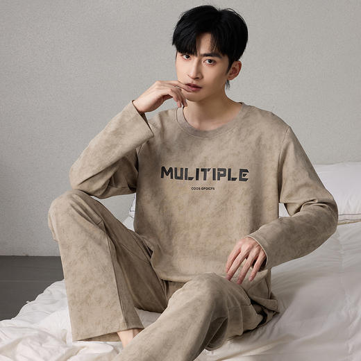 自然醒简叙男士家居服牛奶丝长袖长裤套头睡衣QH 商品图2