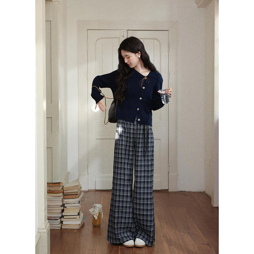 鹿向南「长廊漫步」复古蓝灰格宽松休闲裤女秋新款垂感直筒阔腿裤L58837 商品图1