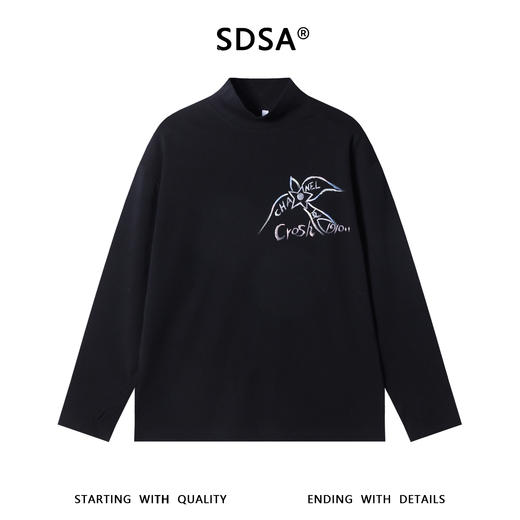 SDSA秋冬新款痞帅男装潮牌手绘字母燕子印花半高领长袖T恤百搭 商品图0