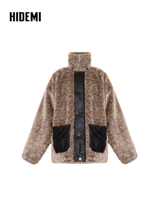 HIDEMI 双面两穿立领圈圈绒拼接复古做旧感加厚毛毛大衣外套 炭灰咖色 商品图13