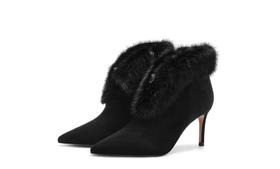 诺贝达秋冬尖头细跟女靴2025新款气质时装靴保暖毛毛短靴RA254320