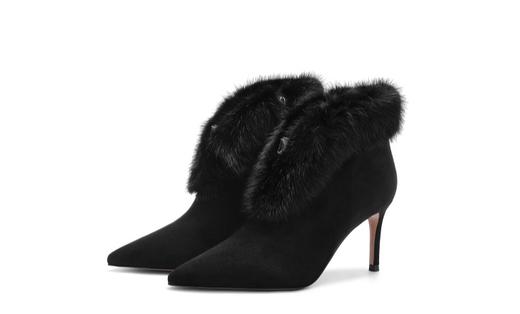 诺贝达秋冬尖头细跟女靴2025新款气质时装靴保暖毛毛短靴RA254320 商品图0