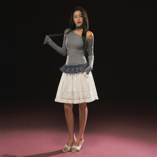 Ariseism 美式复古斜肩长袖T恤女秋季新款修身上衣 商品图2