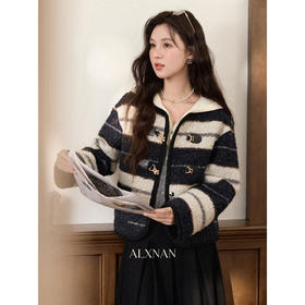 鹿向南「烤雪拼图」黑色条纹短款连帽外套女秋冬新款宽松毛绒上衣L58880