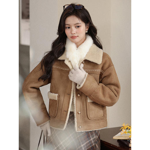 鹿向南「秋街夕阳」美拉德浅咖色短款外套女秋冬宽松皮毛一体上衣L58865 商品图0