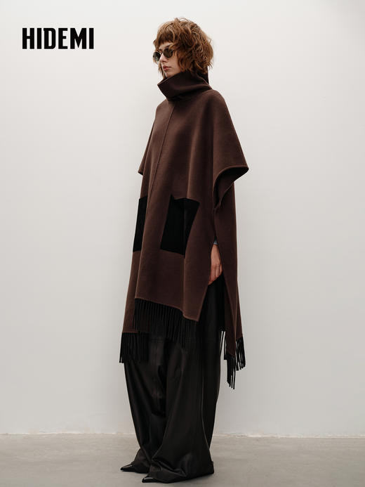 HIDEMI 大秀款进口山羊绒立领麂皮拼接流苏廓形斗篷无袖大衣外套 灰黑色 商品图2
