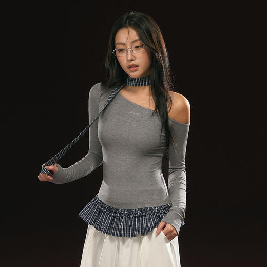 Ariseism 美式复古斜肩长袖T恤女秋季新款修身上衣 商品图1