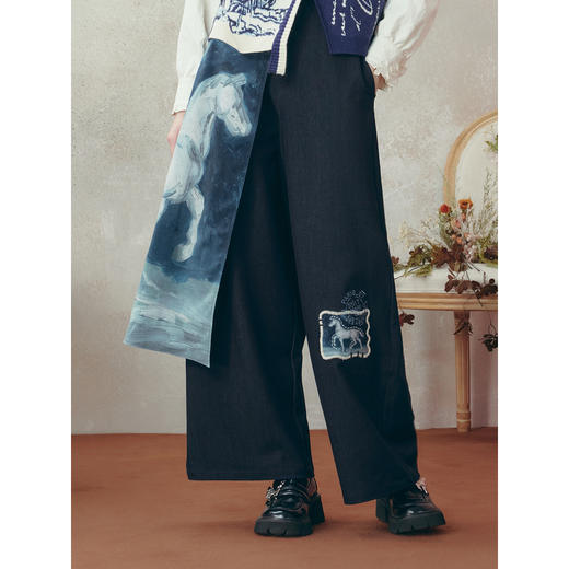 两三事梵高文艺梦境巡游2025冬季新款印花拼接假两件阔腿休闲裤女 商品图3