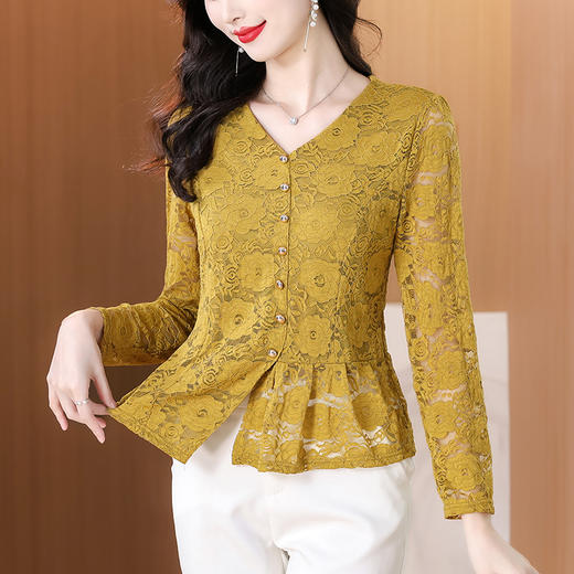 KQL E250N3580荷叶边收腰显瘦优雅气质蕾丝衫修身显瘦小衫 商品图1