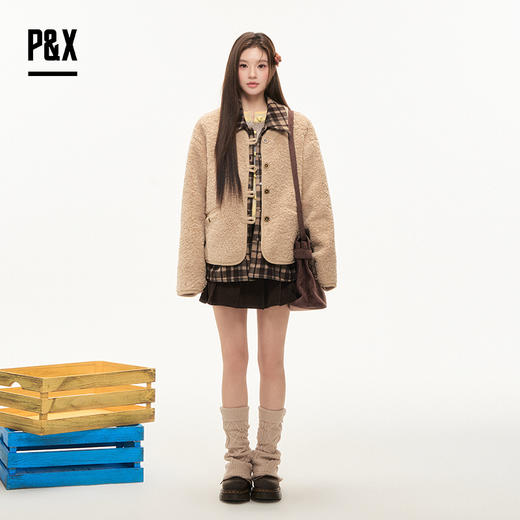P&X设计师女装2025冬季假两件拼接梭织短款外套 825413240 卡其 商品图0