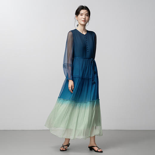 【林栖设计小店】桑蚕丝连衣裙青绿度假风新中式气质2025秋冬新款真丝裙女T1954194 商品图0