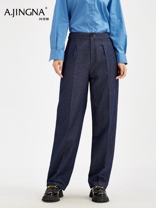 【商场同款】阿菁娜秋季新款棉汉麻牛仔长裤透气不软塌弯刀裤遮胯显瘦立体褶皱撞线设计A30Q110006 商品图3