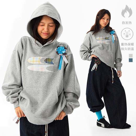 CryingCenter 格纹贴布绣加绒连帽卫衣 配胸花 男女同款 哭喊中心 商品图0