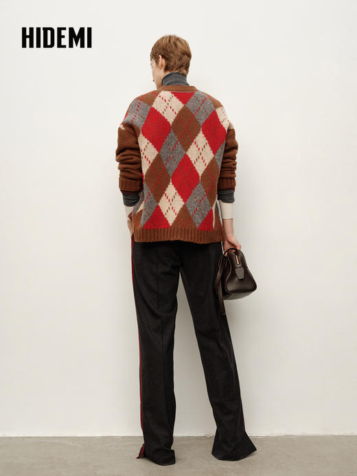 HIDEMI 进口澳洲美利奴羊毛复古菱形撞色粗针加厚开衫毛衣 棕红拼色 商品图5