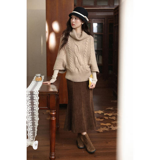 鹿向南「洛可可情」复古高领卡其色宽松针织毛衣女秋显瘦外搭上衣 商品图3