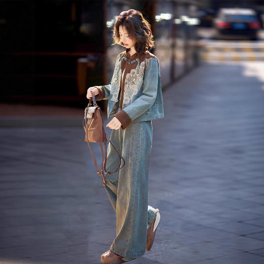 新中式牛仔套装，时尚洋气蕾丝拼接外套两件套HR-XPH5892 商品图2