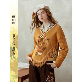 两三事梵高文艺光年影纪2025冬新款油画图案流苏不对称下摆毛衣女