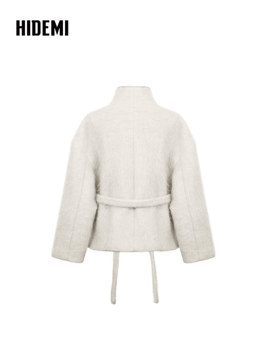 HIDEMI 进口马海毛长毛不对称领可拆卸腰带廓形大衣外套 自然白 商品图7