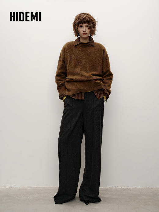 HIDEMI  大秀款进口羊毛手工毛边腰头设计感阔腿 厚款西裤长裤 深灰色 商品图2