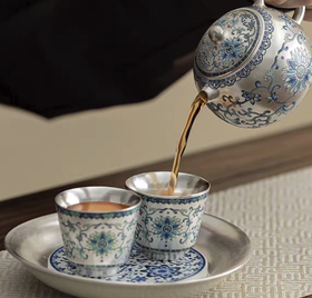 瓷鎏银・福运连连茶器组（一壶两杯一托）