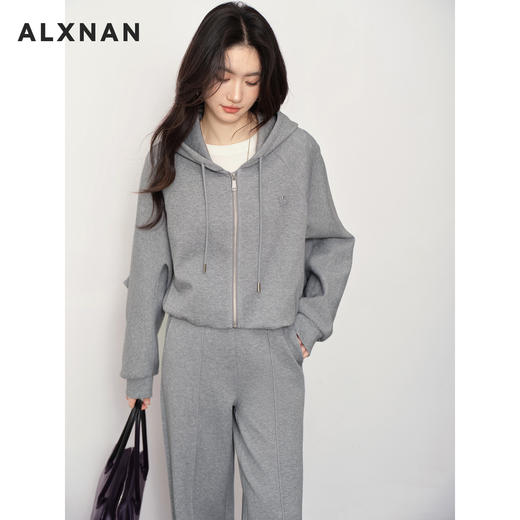 鹿向南「雨下屋檐」冷灰色连帽卫衣女早秋宽松慵懒感长袖开衫外套L58795SY 商品图3