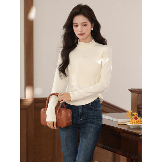 鹿向南「月光流萤」米白色半高领T恤打底衫女秋修身显瘦内搭上衣L58877 商品图2