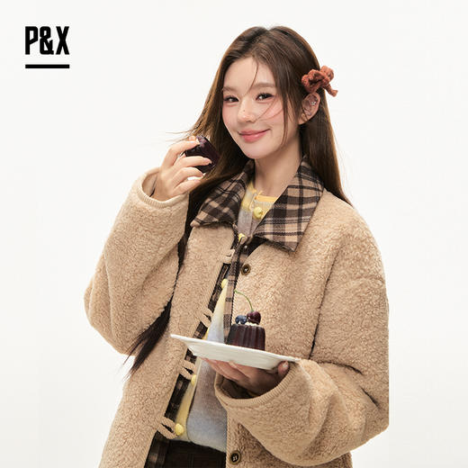 P&X设计师女装2025冬季假两件拼接梭织短款外套 825413240 卡其 商品图2