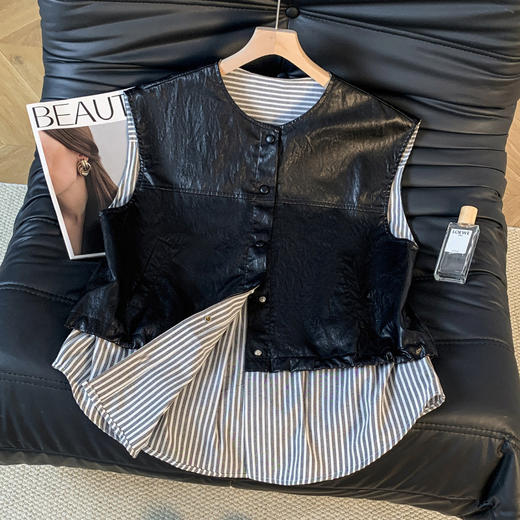 GYH 9373独特别致皮马甲宽松拼接假两件马夹无袖坎肩外套 商品图1