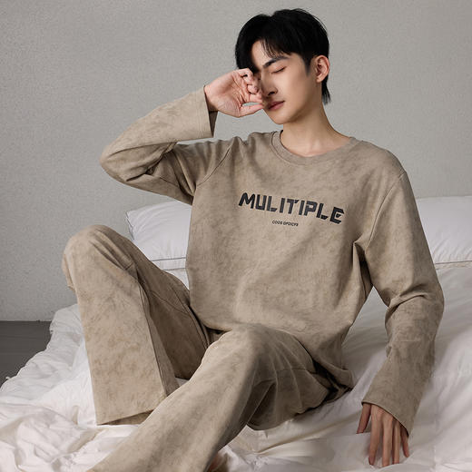 自然醒简叙男士家居服牛奶丝长袖长裤套头睡衣QH 商品图4