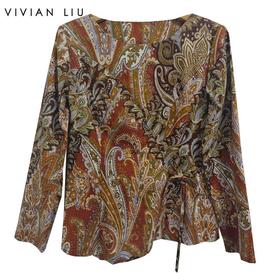 VIVIAN LIU薇薇安刘F2543002秋季女装新款腰间系带印花上衣