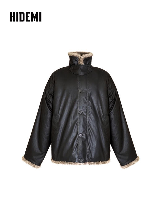 HIDEMI 双面两穿立领圈圈绒拼接复古做旧感加厚毛毛大衣外套 炭灰咖色 商品图12