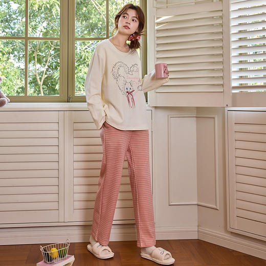 自然醒清甜牛奶丝家居服女款套头（带胸垫）睡衣春秋季长袖长裤卡通可爱宽松套装新款女士冬天家居服QH 商品图3