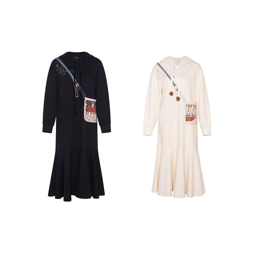 两三事此间云上2025冬新款印花口袋立体花朵帽绳连帽卫衣裙连衣裙 商品图4