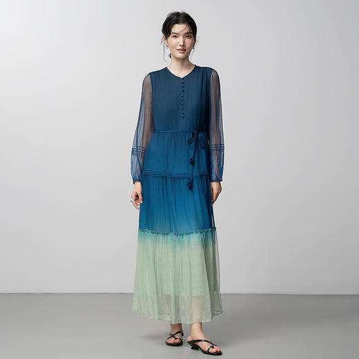 【林栖设计小店】桑蚕丝连衣裙青绿度假风新中式气质2025秋冬新款真丝裙女T1954194 商品图2