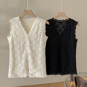 「自」全新升级【铂金会员220/天猫299/差价79】(65300)洛诗琳V领镂空蕾丝衫2025秋季新款设计感钩花显瘦打底背心