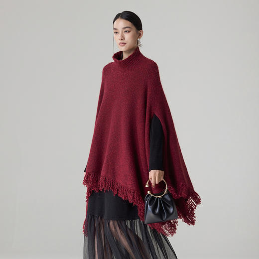 【林栖设计小店】流苏毛织披肩酒红色优雅百搭宽松2025秋冬新款高领斗篷上衣女2954006B 商品图6