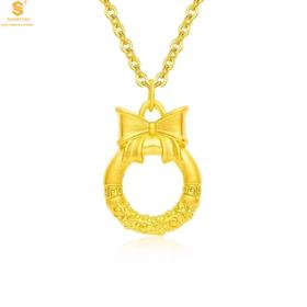 【品牌授权】【香港周六福】黄金钻石首饰 5D足金吊坠蝴蝶结祥云平安扣（附赠K金项链）