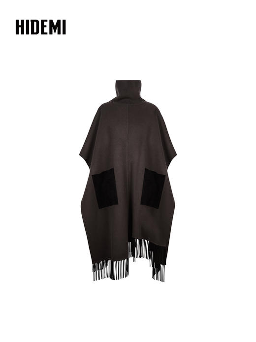 HIDEMI 大秀款进口山羊绒立领麂皮拼接流苏廓形斗篷无袖大衣外套 灰黑色 商品图6
