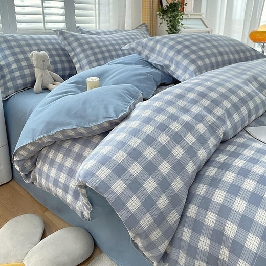 【享受自然舒睡 裸睡触感】日式无印良品同款被子纯水洗棉床上四件套磨毛格子良品床笠款学生宿舍三件套四件套床上用品 商品图6