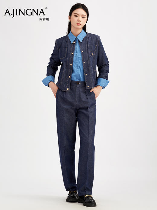 【商场同款】阿菁娜秋季新款棉汉麻牛仔长裤透气不软塌弯刀裤遮胯显瘦立体褶皱撞线设计A30Q110006 商品图2