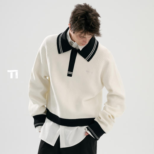 启世录TIWILLTANG“洄漩墟榆”翻领画板撞色笔迹知性光谱撞色毛衫 商品图3