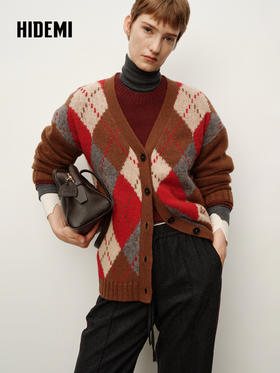 HIDEMI 进口澳洲美利奴羊毛复古菱形撞色粗针加厚开衫毛衣 棕红拼色