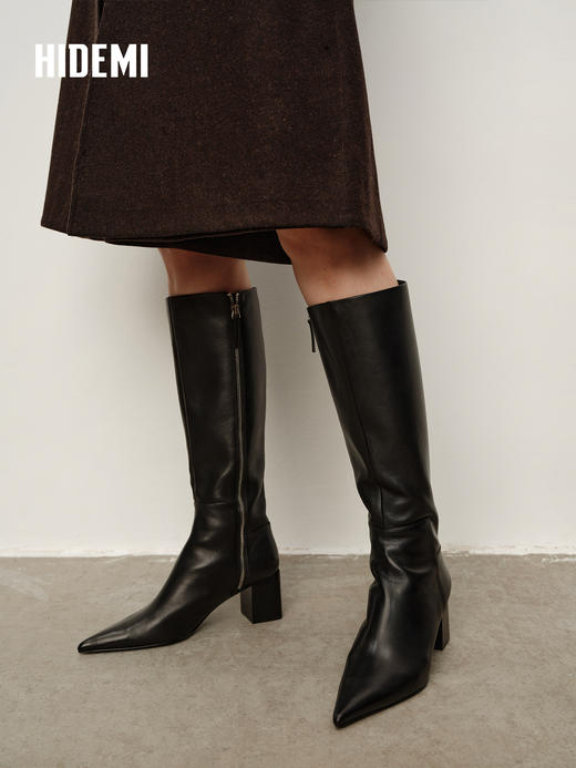 HIDEMI 进口头层牛皮设计感粗跟尖头显瘦长靴高筒靴 黑色 商品图2