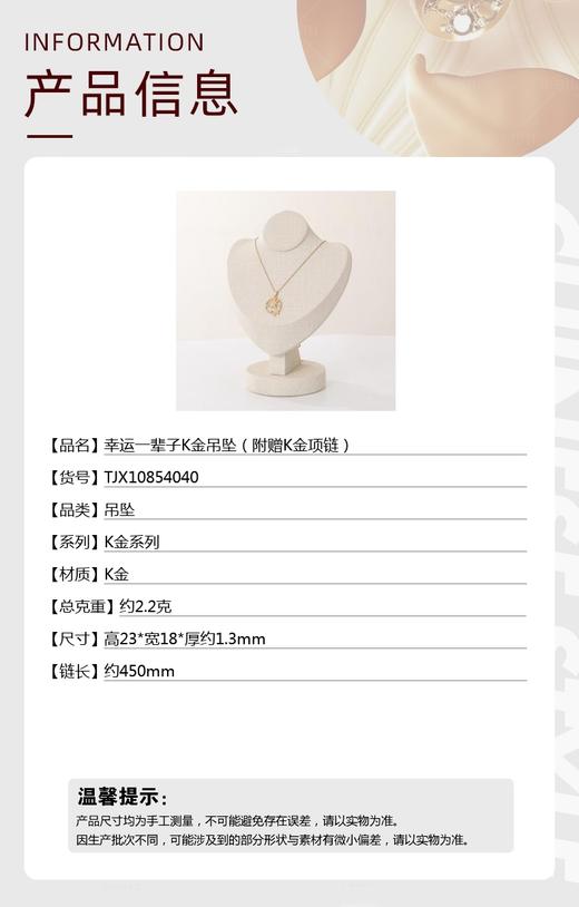 【品牌授权】【香港周六福】黄金钻石首饰 幸运一辈子K金吊坠（附赠K金项链） 商品图5