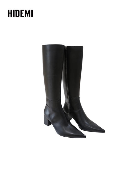 HIDEMI 进口头层牛皮设计感粗跟尖头显瘦长靴高筒靴 黑色 商品图5