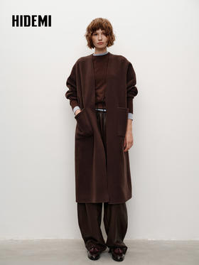 HIDEMI 进口山羊绒v领廓形系带长款浴袍大衣毛呢外套 炭灰色